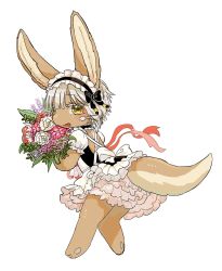 Rule 34 | 1other, animal ears, bad id, bad twitter id, blush, bouquet, flower, furry, highres, kawasemi27, made in abyss, maid, nanachi (made in abyss), open mouth, other focus, ribbon, tail, white background, white hair, yellow eyes