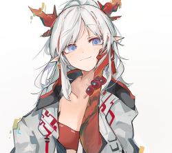 Rule 34 | 1girl, arknights, arm tattoo, bandeau, bead bracelet, beads, blue eyes, bracelet, collarbone, colored skin, dragon horns, ear piercing, hand up, highres, horns, jacket, jewelry, looking at viewer, mikozin, nian (arknights), open clothes, open jacket, piercing, pointy ears, red bandeau, red hair, red skin, simple background, smile, solo, tattoo, upper body, white background, white hair, white jacket