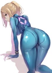 Rule 34 | 1girl, all fours, ass, blonde hair, blue bodysuit, blue eyes, bodysuit, breasts, closed mouth, highres, kneeling, large breasts, long hair, looking at viewer, looking back, metroid, metroid: zero mission, nintendo, ponytail, racket ti1, samus aran, shadow, sidelocks, skin tight, solo, thighs, white background, zero suit