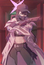 Rule 34 | 1girl, applepie (12711019), baseball cap, belt, black belt, black hair, black hat, black mask, black pants, blue archive, buckle, chest harness, coat, crop top, crossed arms, gun, halo, harness, hat, highres, holding, holding gun, holding knife, holding weapon, knife, knife sheath, long hair, mask, midriff, mouth mask, navel, pants, saori (blue archive), sheath, sig 516, snap-fit buckle, weapon, white coat