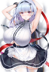 Rule 34 | 1girl, absurdres, anchor choker, apron, armpits, arms behind head, arms up, azur lane, bare shoulders, black dress, black hairband, black ribbon, blunt bangs, blush, breasts, center frills, clothing cutout, collar, commentary request, cuffs, dido (azur lane), dress, earrings, frills, hairband, heart, heart earrings, highres, jewelry, large breasts, long hair, looking at viewer, metal collar, open mouth, pink eyes, red ribbon, revision, ribbon, silver hair, solo, sword, thighhighs, thighs, underboob, underboob cutout, waist apron, weapon, white apron, white thighhighs, wu ganlan cai