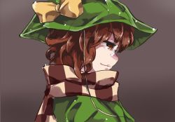 Rule 34 | 1girl, bow, brown eyes, brown hair, checkered clothes, checkered scarf, from side, futatsuiwa mamizou, futatsuiwa mamizou (human), glasses, hat, hat ribbon, kapiten70, pince-nez, portrait, profile, ribbon, scarf, solo, touhou