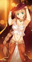 Rule 34 | 1girl, artist name, bare shoulders, blush, bow, bracelet, braid, breasts, brown bow, brown hair, character name, character request, cleavage, cloak, cowboy shot, crop top, drawstring, frills, gem, green eyes, hair bow, hands up, highres, jewelry, long hair, medium breasts, midriff, navel, necklace, off shoulder, shirt, single braid, skirt, sleeveless, smile, solo, standing, ueda ryou, very long hair, white shirt