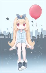 Rule 34 | 1girl, absurdres, balloon, blonde hair, border, city, closed mouth, commentary, drawstring, flat chest, flipped hair, full body, grey background, grey footwear, grey hairband, grey shorts, hair between eyes, hairband, highres, holding, holding balloon, hood, hood down, hoodie, kanikan, legs together, long hair, looking at viewer, original, outline, red eyes, shoes, shorts, sitting, skyline, sleeveless, sleeveless hoodie, solo, star (symbol), straight-on, very long hair, white outline