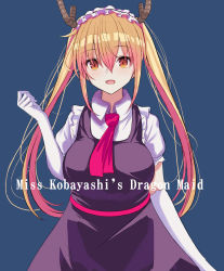 Rule 34 | 1girl, :d, black dress, blonde hair, blue background, breasts, brown eyes, collared shirt, commentary request, copyright name, dragon horns, dress, elbow gloves, gloves, hair between eyes, highres, horns, kobayashi-san chi no maidragon, long hair, looking at viewer, medium breasts, natsuki (natukituki), open mouth, puffy short sleeves, puffy sleeves, shirt, short sleeves, sidelocks, simple background, sleeveless, sleeveless dress, smile, solo, tohru (maidragon), twintails, upper body, very long hair, white gloves, white shirt