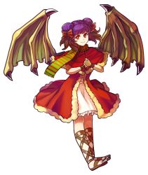 Rule 34 | 1girl, adapted costume, bigglyboof, bow, capelet, closed mouth, dragon wings, dress, fire emblem, fire emblem: the sacred stones, full body, fur trim, hair bow, highres, multi-tied hair, myrrh (fire emblem), nintendo, own hands together, purple hair, red eyes, sandals, scarf, smile, solo, transparent background, twintails, wings, wristband