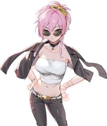 Rule 34 | 1girl, choker, crop top, hair ornament, hands on own hips, highres, idolmaster, idolmaster cinderella girls, jacket, jacket on shoulders, jougasaki mika, leather, leather jacket, leather pants, looking at viewer, menea, midriff, navel, pants, pink hair, pout, short ponytail, sketch, strapless, sunglasses, tube top
