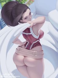 Rule 34 | 1girl, artist name, ass, back, bare shoulders, belt, black eyes, black hair, boku no hero academia, breasts, butt crack, carrying, carrying over shoulder, closed mouth, cloth, from behind, half-closed eyes, hand on own hip, high ponytail, holding, huge ass, leotard, letdie1414, long hair, looking at viewer, looking back, medium breasts, over shoulder, patreon logo, patreon username, red leotard, sideboob, signature, smile, solo, standing, thighs, utility belt, yaoyorozu momo