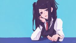 Rule 34 | 1girl, absurdres, arm support, black hair, black vest, blue background, blush, collared shirt, dated, head rest, highres, jill stingray, long hair, long sleeves, looking at viewer, necktie, open hand, open mouth, reaching, reaching towards viewer, red eyes, red necktie, rnna, shirt, signature, simple background, solo, swept bangs, twintails, va-11 hall-a, vest, white shirt