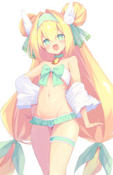 Rule 34 | 1girl, :d, absurdres, bell, bikini, blazblue, blazblue alternative: dark war, blonde hair, bow, bow bikini, choker, clothes down, collarbone, commentary request, cowboy shot, double bun, frilled bikini, frills, green bikini, green bow, green choker, green eyes, green hairband, groin, hair between eyes, hair bow, hair bun, hair intakes, hairband, hand on own hip, heart, heart-shaped pupils, highres, jacket, long hair, low-tied long hair, multicolored bikini, multicolored clothes, nasunegiuni, navel, neck bell, official alternate costume, open clothes, open jacket, open mouth, platinum the trinity, simple background, smile, solo, swimsuit, symbol-shaped pupils, thigh strap, thighs, twintails, white background, white bikini, white jacket, wing hair ornament