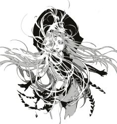 Rule 34 | 1girl, abigail williams (fate), abigail williams (third ascension) (fate), artist request, commentary, cowboy shot, fate/grand order, fate (series), floating hair, forehead, greyscale, hair over one eye, keyhole, long hair, looking at viewer, monochrome, panties, parted bangs, parted lips, simple background, solo, underwear, white background