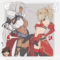 Rule 34 | 1boy, 2girls, animal ears, black panties, blonde hair, blue eyes, blush, breasts, brown hair, bulge, caenis (fate), chibi, cleavage, closed mouth, commentary request, dark-skinned female, dark skin, detached sleeves, electricity, erection, erection under clothes, eye contact, fate/apocrypha, fate/grand order, fate (series), fujimaru ritsuka (male), futa with futa, futanari, green eyes, grey background, grey hair, grin, hand on own hip, large breasts, large penis, long hair, looking at another, medium breasts, mikoyan, mordred (fate), mordred (fate/apocrypha), multiple girls, multiple penises, navel, panties, penis, penises touching, simple background, smile, standing, sweat, sweatdrop, teeth, testicle peek, testicles, translation request, underwear