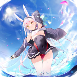 Rule 34 | 1girl, animal ears, arm up, azur lane, black dress, black hairband, black jacket, blunt bangs, breasts, cherry blossoms, closed mouth, cloud, covered navel, day, dress, eyeliner, gluteal fold, hairband, highres, holding, holding sword, holding weapon, jacket, long hair, long sleeves, looking at viewer, nekomu, ocean, outdoors, rabbit ears, red eyeliner, shimakaze (azur lane), small breasts, smile, solo, standing, summer, sun, sword, thigh gap, underboob, very long hair, wading, weapon, white hair, yellow eyes