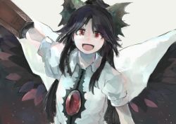Rule 34 | 1girl, arm cannon, arm up, bad id, bad twitter id, black hair, black wings, cape, hair ornament, hair ribbon, ichiba youichi, long hair, looking at viewer, open mouth, outstretched arm, portrait, puffy sleeves, red eyes, reiuji utsuho, ribbon, shirt, short sleeves, simple background, smile, solo, third eye, touhou, weapon, wings