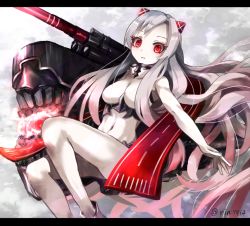 Rule 34 | 10s, 1girl, abyssal ship, airfield princess, bad id, bad pixiv id, breasts, glowing, horns, kantai collection, large breasts, long hair, monster, open mouth, pale skin, personification, red eyes, rin yuu, silver hair, solo