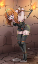 Rule 34 | 1girl, absurdres, arms behind back, ball gag, bare shoulders, bdsm, bondage, bound, breasts, brown eyes, brown hair, celica (fire emblem), commission, eudetenis, fire emblem, fire emblem echoes: shadows of valentia, gag, gagged, harness gag, highres, looking at viewer, nintendo, pussy juice, pussy juice puddle, rope, saliva, sex toy, shibari, shibari over clothes, solo, suspension, tears, thighhighs, vibrator, vibrator in thighhighs, vibrator under clothes