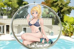 Rule 34 | 1girl, absurdres, ayase eli, bikini, blonde hair, blue bikini, blue eyes, blue nails, breasts, closed mouth, day, highres, house, large breasts, love live!, love live! school idol project, nail polish, navel, outdoors, ponytail, pool, poolside, sandals, sitting, solo, steeb, stomach, swimsuit, tree, water
