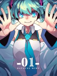 Rule 34 | 1girl, blue eyes, blue hair, blue necktie, character name, detached sleeves, hair between eyes, hands up, hatsune miku, highres, long sleeves, looking at viewer, necktie, parted lips, reiga (act000), sanpaku, smile, solo, twintails, upper body, vocaloid