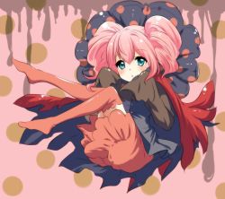 Rule 34 | 10s, 1girl, aqua eyes, cape, charlotte (madoka magica), mahou shoujo madoka magica, mahou shoujo madoka magica (anime), negiko, personification, pink hair, polka dot, sleeves past wrists, thighhighs, twintails