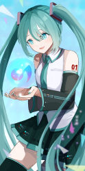 Rule 34 | 1girl, :d, absurdres, aqua eyes, aqua hair, bare shoulders, black thighhighs, boots, cupping hands, detached sleeves, green necktie, hatsune miku, highres, long hair, necktie, open mouth, own hands together, project sekai, ranran 3939, smile, solo, thigh boots, thighhighs, twintails, vocaloid