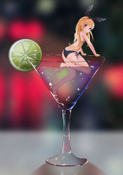 Rule 34 | 1girl, :3, absurdres, aoman de cangshu, barefoot, bikini, blonde hair, blunt bangs, blurry, blurry background, blush, bow, closed mouth, cup, food, fruit, glass, green eyes, hair bow, hairband, highres, in water, lime (fruit), lime slice, long hair, looking at viewer, looking back, mini person, minigirl, mononobe alice, nijisanji, smile, soles, solo, swimsuit, toes, virtual youtuber, water, water drop