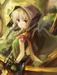 Rule 34 | 1girl, bow (weapon), cloak, dragon&#039;s crown, edobox, elf (dragon&#039;s crown), gloves, hood, hooded cloak, pointy ears, red eyes, silver hair, solo, tree, weapon