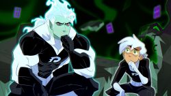 Rule 34 | 2boys, abs, biceps, bodysuit, danny fenton, danny phantom, dark danny, feet out of frame, floating, floating object, floating rock, green eyes, hand on own face, highres, krossan, long hair, looking at another, looking to the side, male focus, manly, marvel, mature male, multiple boys, muscular, muscular male, outdoors, pectorals, ponytail, red eyes, sitting, spider-man: into the spider-verse, spider-man (series), spider-verse, spread legs, thick arms, tight clothes, white hair