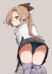Rule 34 | 1girl, akigumo (kancolle), akigumo kai ni (kancolle), all fours, black gloves, blazer, blue panties, brown hair, commentary request, dova, dress, from behind, gloves, green eyes, grey background, grey dress, grey thighhighs, hair ribbon, highres, jacket, kantai collection, long hair, looking at viewer, looking back, panties, partially fingerless gloves, ponytail, ribbon, school uniform, simple background, solo, thighhighs, underwear, upskirt