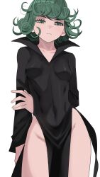 Rule 34 | 1girl, absurdres, bad id, bad twitter id, black dress, breasts, closed mouth, collarbone, collared dress, covered navel, dress, eyelashes, flipped hair, frown, glaring, green eyes, green hair, groin, half-closed eyes, hand on own arm, highres, jourd4n, long sleeves, looking at viewer, one-punch man, pelvic curtain, simple background, small breasts, solo, tatsumaki, thighs, white background