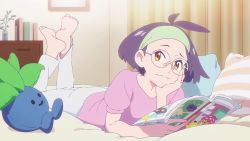Rule 34 | 1girl, antenna hair, barefoot, blossom&#039;s mother (pokemon), blurry, book, brown eyes, character doll, closed mouth, creatures (company), curtains, feet up, game freak, gen 1 pokemon, glasses, green hairband, hairband, head rest, highres, holding, holding magazine, indoors, jewelry, looking at viewer, lying, magazine (object), nail polish, nintendo, oddish, official art, omanyte, on bed, on stomach, pants, parasect, pillow, pink nails, pink shirt, pokemon, pokemon (anime), pokemon (creature), poketoon, psyduck, purple hair, ring, round eyewear, screencap, shirt, short sleeves, smile, soles, solo, split mouth, t-shirt, the pose, toes, venonat, white pants