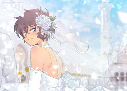 Rule 34 | 1boy, 1girl, axseraserasera, blush, brown hair, character name, choker, closed mouth, crying, crying with eyes open, day, dress, earrings, elbow gloves, fang, fang out, flower, gloves, grey eyes, hair between eyes, hair flower, hair ornament, hair ribbon, jewelry, meitantei conan, outdoors, petals, ribbon, sera masumi, short hair, shoulder blades, smile, solo focus, strapless, strapless dress, tears, twitter username, veil, wedding dress, white choker, white dress, white flower, white gloves, white ribbon