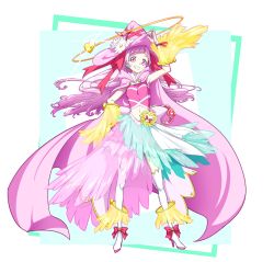 Rule 34 | 1girl, adapted costume, alternate costume, boots, cape, commentary request, cure yell, earrings, eyelashes, happy, hat, high heel boots, high heels, highres, hugtto! precure, jewelry, layered skirt, long hair, looking at viewer, magical girl, matatabi (karukan222), midriff, navel, nono hana, pink cape, pink eyes, pink hair, pink shirt, pink theme, precure, shirt, skirt, smile, solo, standing, witch, witch hat, wrist cuffs