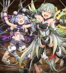 Rule 34 | 2girls, armor, armored dress, armpits, bare shoulders, barefoot, black legwear, blunt bangs, blush, braid, claw (weapon), detached sleeves, feet, hair ornament, haku (p&amp;d), laughing, light valkyrie (p&amp;d), long hair, looking at viewer, multiple girls, navel, no shoes, open mouth, outstretched arms, puzzle &amp; dragons, red eyes, restrained, shield, shirosame, soles, tail, tears, thighhighs, tickle torture, tickling, tickling armpits, tickling feet, tickling legs, tickling stomach, tiger tail, toes, twin braids, valkyrie (p&amp;d), weapon, wings, zettai ryouiki