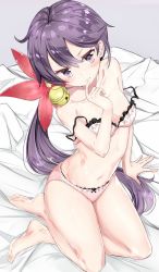 Rule 34 | 1girl, akebono (kancolle), bell, blush, bra, commentary request, finger to mouth, flower, from above, hair bell, hair flower, hair ornament, hamaken. (novelize), jingle bell, kantai collection, long hair, looking at viewer, navel, on bed, oversized breast cup, panties, pink bra, pink panties, purple eyes, purple hair, sitting, solo, underwear, underwear only, very long hair, yokozuwari