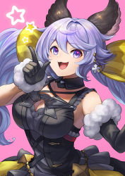 Rule 34 | 1girl, :3, animal ears, asymmetrical gloves, black gloves, breasts, cleavage, cleavage cutout, clothing cutout, detached collar, dress, elbow gloves, gloves, granblue fantasy, hair ornament, hand up, highres, index finger raised, large breasts, long hair, looking at viewer, open mouth, pink background, purple eyes, purple hair, satyr (granblue fantasy), simple background, single elbow glove, sleeveless, sleeveless dress, smile, solo, star (symbol), twintails, uneven gloves, upper body, yuiko (yuiyuiko 108)