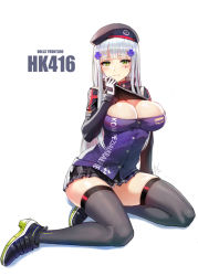 Rule 34 | 1girl, bad id, bad pixiv id, beret, black thighhighs, blush, breasts, buttons, character name, cleavage, clothes lift, cross, eyebrows, full body, german flag, girls&#039; frontline, gloves, green eyes, hat, headwear request, high heels, hk416 (girls&#039; frontline), iron cross, kneeling, large breasts, looking at viewer, panties, pantyshot, plaid, plaid skirt, pleated skirt, shirt lift, signature, silver hair, sitting, skirt, smile, solo, taesi, tattoo, teardrop, thighhighs, underwear, wariza, white panties