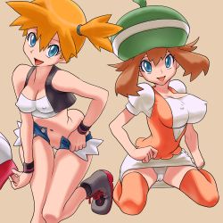Rule 34 | 2girls, beret, bianca (pokemon) (cosplay), blue eyes, breasts, brown hair, cleavage, cosplay, costume switch, creatures (company), dress, covered erect nipples, game freak, hat, hilda (pokemon) (cosplay), kneeling, may (pokemon), misty (pokemon), multiple girls, nintendo, no panties, open clothes, open fly, open mouth, open shorts, orange hair, otsukare, panties, pantyshot, pokemon, shorts, side ponytail, smile, twintails, underwear, unzipped