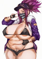 Rule 34 | 1girl, absurdres, akali, areola slip, asymmetrical legwear, baseball cap, belly grab, bikini, black gloves, breasts, cleavage, commission, covered erect nipples, cropped jacket, female pubic hair, fingerless gloves, gloves, gold trim, hair through headwear, harstfazn, hat, highleg, highleg panties, highres, huge breasts, jacket, k/da (league of legends), k/da akali, large areolae, league of legends, mask, micro bikini, midriff, mouth mask, navel, official alternate costume, panties, pants, pixiv commission, plump, ponytail, print mask, pubic hair, purple hair, purple jacket, shade, short shorts, shorts, solo, swimsuit, thick thighs, thighs, tight clothes, tight pants, underwear, v, wide hips