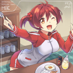 Rule 34 | 1girl, ;d, bottle, brown eyes, cup, drinking glass, egg, egg (food), food, fried egg, hair ornament, hair scrunchie, isshiki akane, jacket, looking at viewer, malay text, mayonnaise, mystic-san, one eye closed, open mouth, plate, red hair, rice, scrunchie, short hair, shorts, smile, solo, spoon, sunny side up egg, track jacket, translation request, twintails, vividred operation
