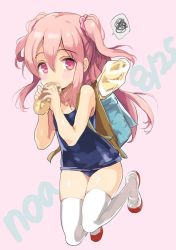 Rule 34 | 10s, 1girl, backpack, bag, baguette, bread, character name, dated, eating, emily (pure dream), food, long hair, one-piece swimsuit, pan de peace!, pink eyes, pink hair, sakura noa, school swimsuit, scrunchie, shoes, solo, spoken squiggle, squiggle, swimsuit, thighhighs, twintails, two side up, uwabaki, white thighhighs