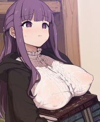 Rule 34 | 1girl, black coat, blunt bangs, book, book stack, breast rest, breasts, carrying, coat, fern (sousou no frieren), frilled shirt collar, frills, hood, hooded coat, large breasts, long hair, nipples, pout, purple eyes, purple hair, rougetsu (eclipse), see-through, see-through shirt, shirt, sidelocks, solo, sousou no frieren, white shirt