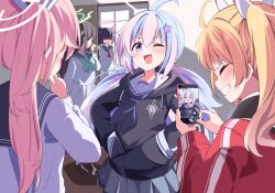 Rule 34 | 4girls, 5girls, acchii (akina), ahoge, airi (blue archive), animal ears, black hair, blonde hair, blue archive, blush, cat ears, cellphone, commentary request, door, hair between eyes, hair ornament, halo, highres, holding, holding phone, jacket, kazusa (blue archive), long hair, medium hair, multiple girls, natsu (blue archive), one eye closed, open mouth, phone, pink hair, purple eyes, reisa (blue archive), school uniform, shaded face, side ponytail, yoshimi (blue archive)