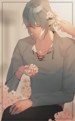 Rule 34 | 1boy, alternate costume, casual, cherry blossoms, closed mouth, collarbone, copyright name, drawstring, earrings, elezen, elf, facing down, final fantasy, final fantasy xiv, flower, garam (rkfka), grey hair, hair between eyes, hair flower, hair ornament, haurchefant greystone, holding, holding flower, jewelry, korean commentary, male focus, pointy ears, short hair, sitting, smile, solo