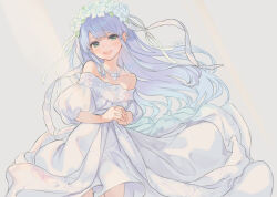 Rule 34 | 1girl, bare shoulders, blue hair, collarbone, commentary, cowboy shot, dress, floating clothes, floating hair, green eyes, hair ribbon, head wreath, index (toaru majutsu no index), jewelry, lace, lace-trimmed dress, lace-trimmed headwear, lace trim, long hair, necklace, open mouth, own hands clasped, own hands together, ribbon, signature, smile, solo, sunlight, tautiki, toaru majutsu no index, wedding dress, white background, white dress, wide shot
