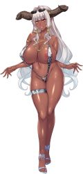 Rule 34 | 1girl, areola slip, armlet, bare shoulders, blunt bangs, bracelet, breasts, cleavage, colored pubic hair, contrapposto, curvy, dark-skinned female, dark skin, demon girl, eyewear on head, facing viewer, female focus, female pubic hair, full body, game cg, gold, hair intakes, highres, horns, huge breasts, jewelry, legs together, long hair, looking at viewer, muchimuchi dekapai mara gui maou-sama to onboro yojouhan dousei seikatsu, navel, necklace, nipples, official art, open shoes, orcsoft, phrygia ornstein, pointy ears, pubic hair, pubic hair peek, revealing clothes, shoes, sian, sidelocks, skindentation, slingshot swimsuit, solo, standing, strap gap, sunglasses, swimsuit, tagme, thigh strap, transparent background, very long hair, white hair, white pubic hair