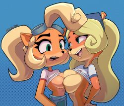 Rule 34 | 2girls, artist name, asymmetrical docking, blonde hair, blue background, blue pants, breast press, breasts, clothes lift, coco bandicoot, commentary, crash bandicoot (series), dual persona, english commentary, furry, furry female, furry with furry, green eyes, highres, large breasts, long hair, medium breasts, medium hair, monke brush, multiple girls, nega talker, nipples, open mouth, pants, ponytail, shirt, shirt lift, simple background, teeth, upper body, upper teeth only, watermark, white shirt