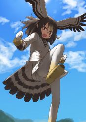 Rule 34 | 1girl, action, bird girl, bird tail, bird wings, blonde hair, brown eyes, brown feathers, brown hair, commentary request, feathers, from below, gloves, hair between eyes, head wings, highres, jacket, kemono friends, kicking, long hair, long sleeves, looking at viewer, multicolored hair, necktie, northern goshawk (kemono friends), open mouth, pantyhose, pleated skirt, rumenia (ao2is), shirt, skirt, solo, standing, standing on one leg, striped necktie, striped neckwear, tail, white feathers, white gloves, white jacket, white shirt, white skirt, wings, yellow footwear