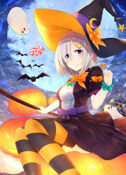 Rule 34 | 10s, 1girl, absurdres, alternate costume, animal, bat (animal), black dress, blue eyes, breasts, broom, candy, dress, fang, fang out, food, frilled sleeves, frills, full moon, hair over one eye, halloween, hamakaze (kancolle), hat, hat ribbon, highres, hoshimiya aki, jack-o&#039;-lantern, kantai collection, large breasts, looking at viewer, moon, night, night sky, no legwear, outdoors, pump, pumpkin, ribbon, short dress, short hair, silver hair, sitting, sky, solo, striped clothes, striped thighhighs, thighhighs, witch hat