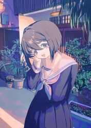 Rule 34 | 1girl, blush stickers, brown hair, building, cowboy shot, hand on own cheek, hand on own face, hand up, highres, kagenoyuhi, long sleeves, looking at viewer, neckerchief, open mouth, original, outdoors, plant, potted plant, purple eyes, sailor collar, school uniform, serafuku, short hair, smile, solo, standing, very short hair, white neckerchief, white sailor collar