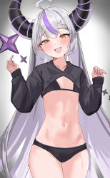 Rule 34 | 1girl, :d, bikini, black bikini, blush, flat chest, grey hair, highres, hololive, horns, la+ darknesss, long hair, nail polish, navel, open mouth, pointy ears, purple hair, purple nails, shrug (clothing), sleeves past wrists, smile, solo, sweat, swimsuit, tail, very long hair, virtual youtuber, yellow eyes, youyoukai